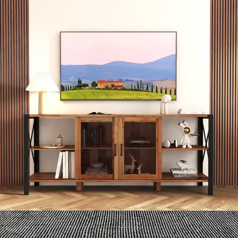 Meuble TV de ferme de 80 pouces, meuble de télévision moderne horizontal en bois et métal avec étagère ouverte