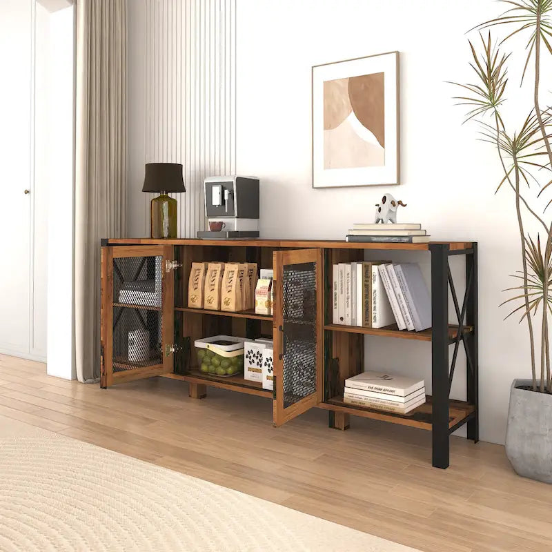 Meuble TV de ferme de 80 pouces, meuble de télévision moderne horizontal en bois et métal avec étagère ouverte