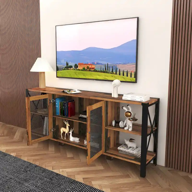 Meuble TV de ferme de 80 pouces, meuble de télévision moderne horizontal en bois et métal avec étagère ouverte