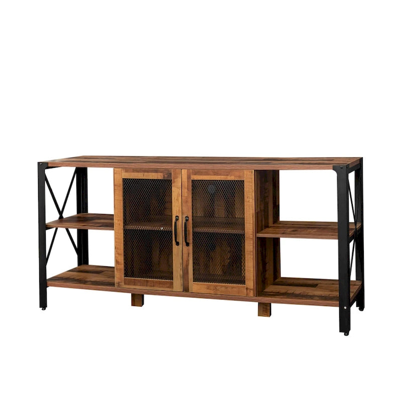 Meuble TV de ferme de 80 pouces, meuble de télévision moderne horizontal en bois et métal avec étagère ouverte