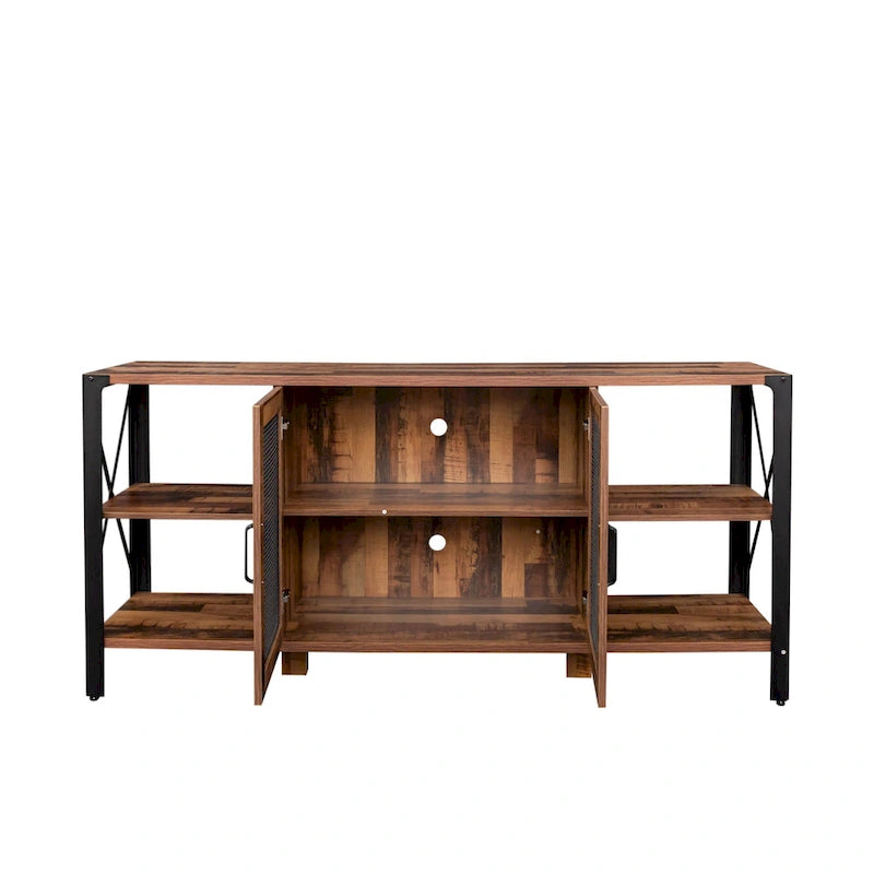 Meuble TV de ferme de 80 pouces, meuble de télévision moderne horizontal en bois et métal avec étagère ouverte
