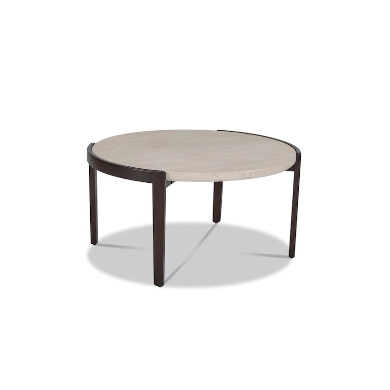 Table basse ronde en travertin sur base en frêne - 35 x 18 x 35