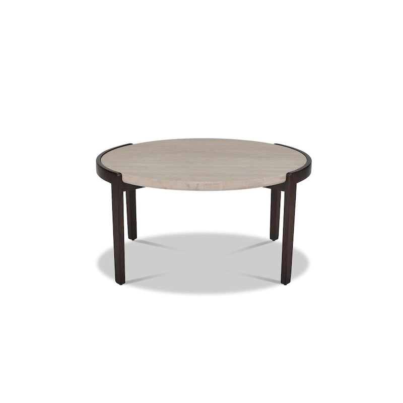 Table basse ronde en travertin sur base en frêne - 35 x 18 x 35