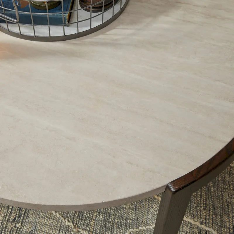 Table basse ronde en travertin sur base en frêne - 35 x 18 x 35