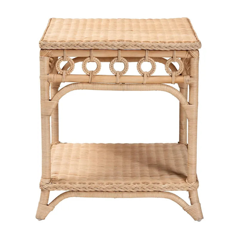 Table d'appoint tressée en rotin naturel avec étagère – Table bohème avec détails en boucles, style côtier pour salon ou chambre à coucher
