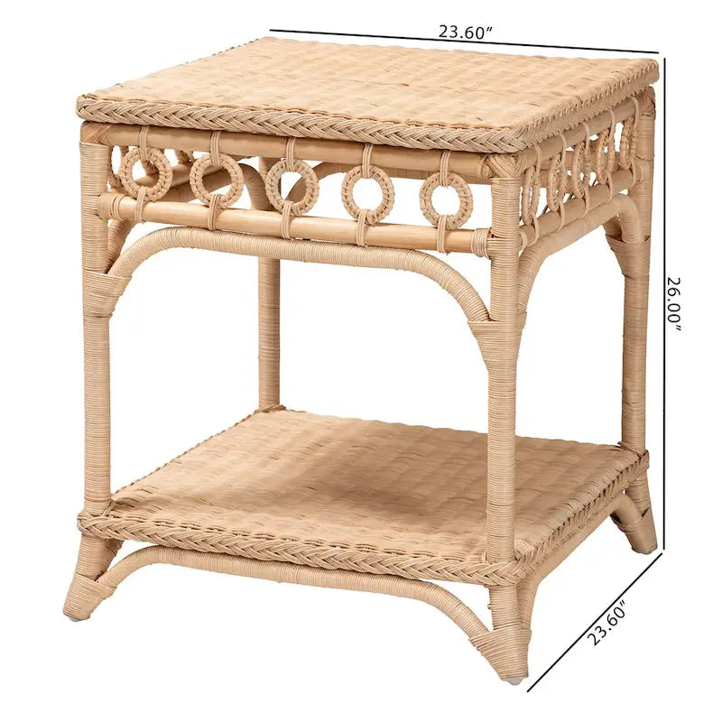 Table d'appoint tressée en rotin naturel avec étagère – Table bohème avec détails en boucles, style côtier pour salon ou chambre à coucher