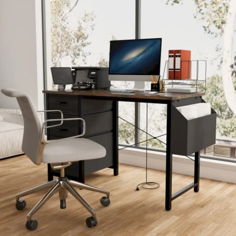 Bureau de 47 po, moderne, réversible, avec huche, 3 tiroirs, prises de courant et poches latérales