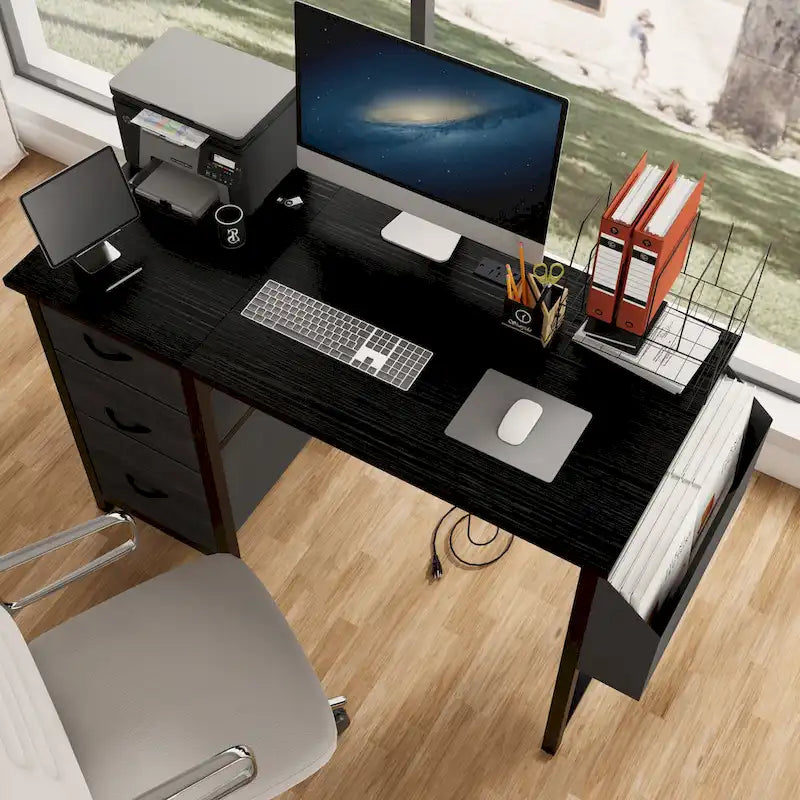 Bureau de 47 po, moderne, réversible, avec huche, 3 tiroirs, prises de courant et poches latérales