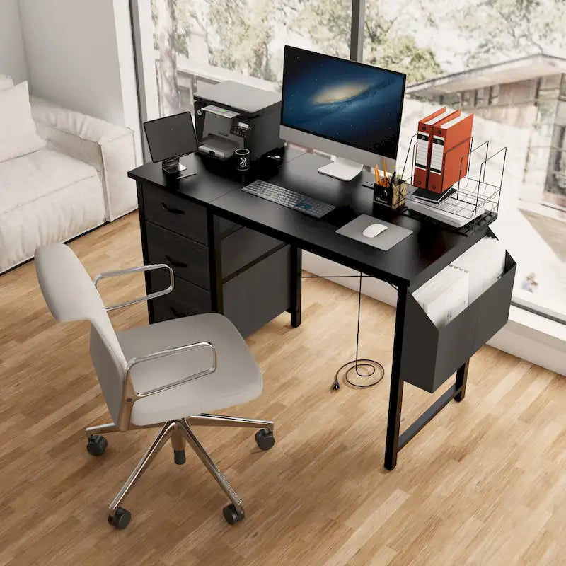 Bureau de 47 po, moderne, réversible, avec huche, 3 tiroirs, prises de courant et poches latérales