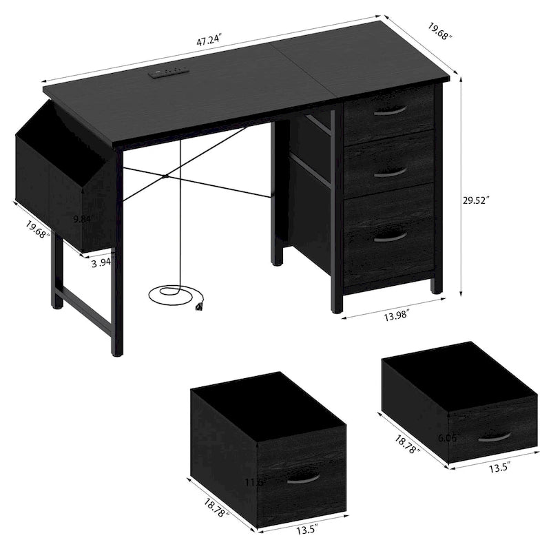 Bureau de 47 po, moderne, réversible, avec huche, 3 tiroirs, prises de courant et poches latérales