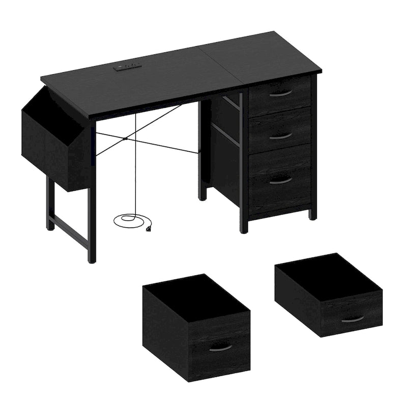 Bureau de 47 po, moderne, réversible, avec huche, 3 tiroirs, prises de courant et poches latérales