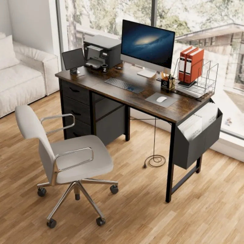 Bureau de 47 po, moderne, réversible, avec huche, 3 tiroirs, prises de courant et poches latérales
