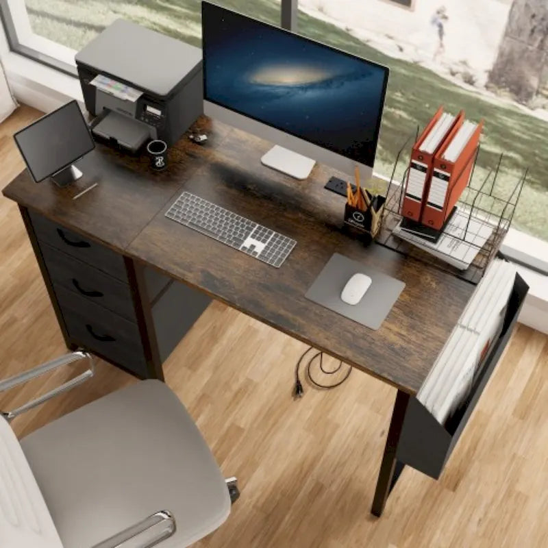 Bureau de 47 po, moderne, réversible, avec huche, 3 tiroirs, prises de courant et poches latérales