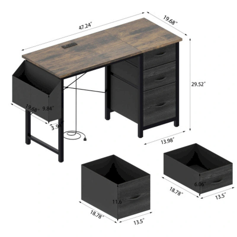 Bureau de 47 po, moderne, réversible, avec huche, 3 tiroirs, prises de courant et poches latérales