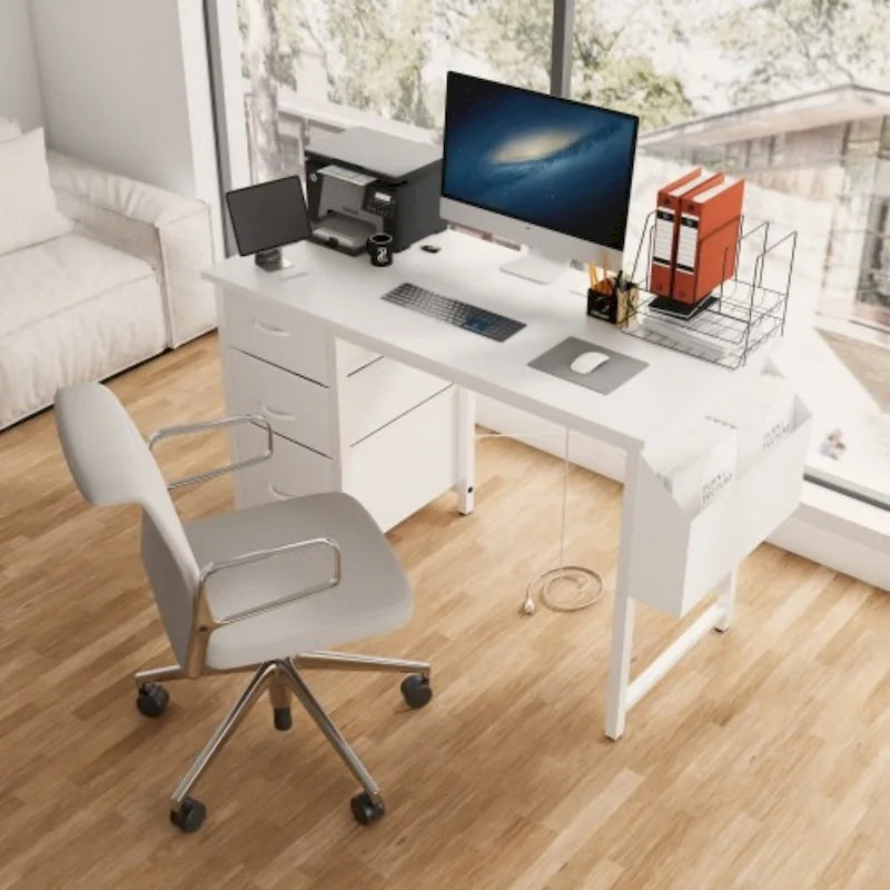 Bureau de 47 po, moderne, réversible, avec huche, 3 tiroirs, prises de courant et poches latérales