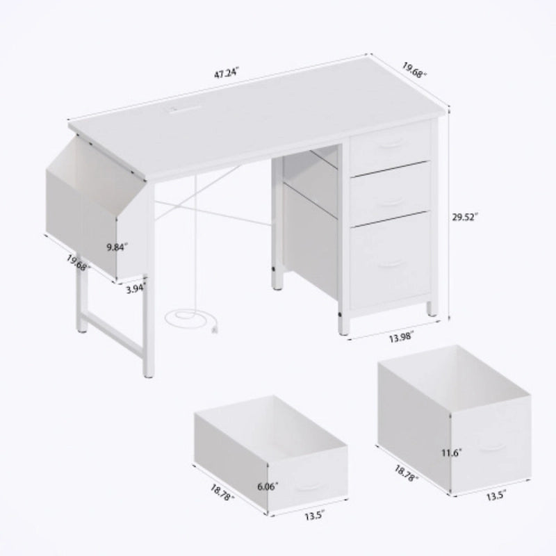 Bureau de 47 po, moderne, réversible, avec huche, 3 tiroirs, prises de courant et poches latérales