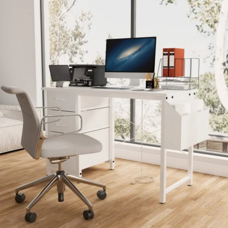 Bureau de 47 po, moderne, réversible, avec huche, 3 tiroirs, prises de courant et poches latérales