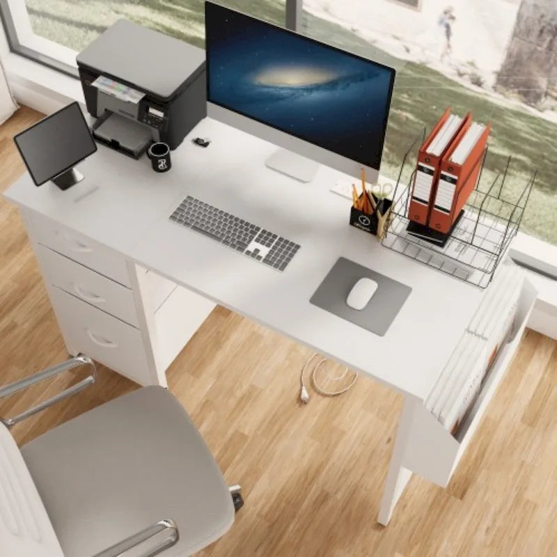 Bureau de 47 po, moderne, réversible, avec huche, 3 tiroirs, prises de courant et poches latérales