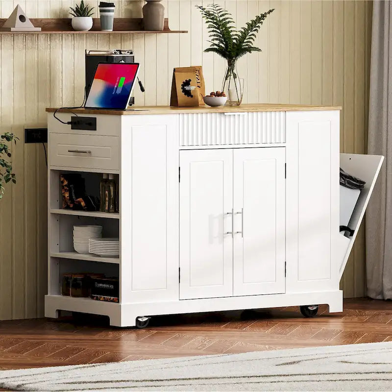 Fluted Kitchen Island With Trash Can Storage Cabinet(no include stool)