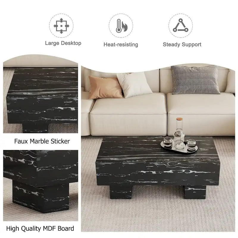 Table basse en MDF de 43,3 po avec texture marbre noir et capacité de charge de 300 lb