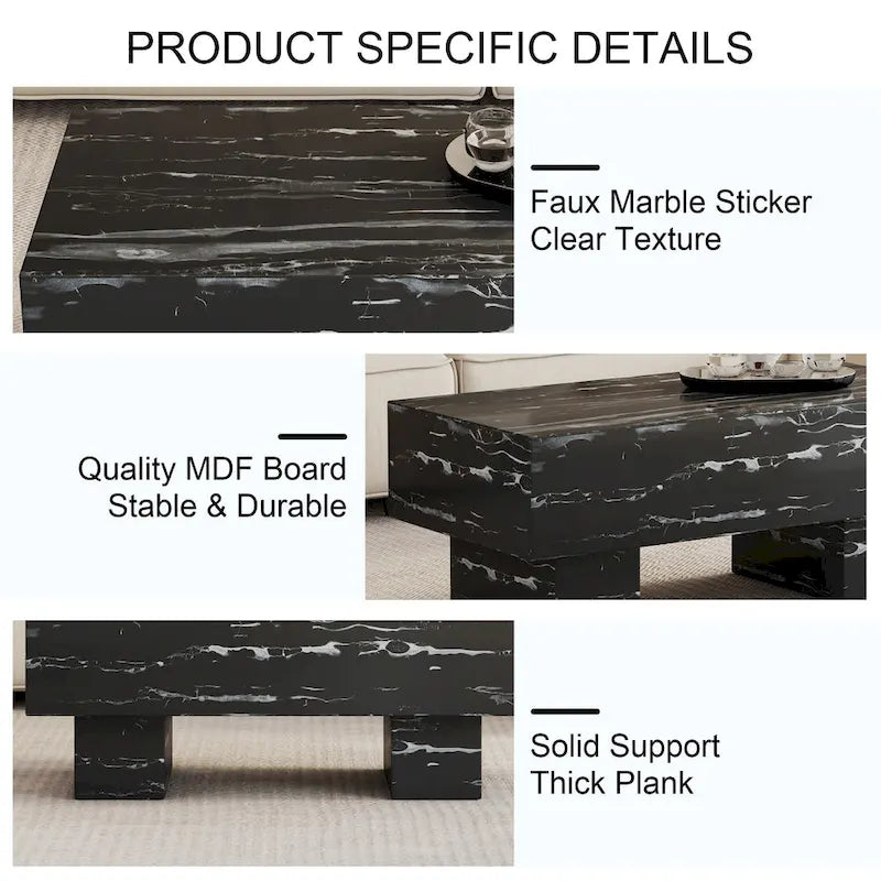 Table basse en MDF de 43,3 po avec texture marbre noir et capacité de charge de 300 lb