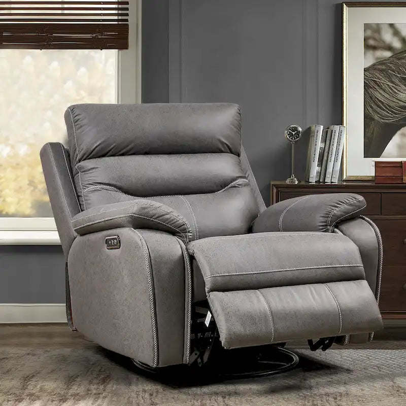 Fauteuil inclinable gris à deux moteurs avec pivotement à 240°, fonction à bascule, connectivité USB et appui-tête réglable