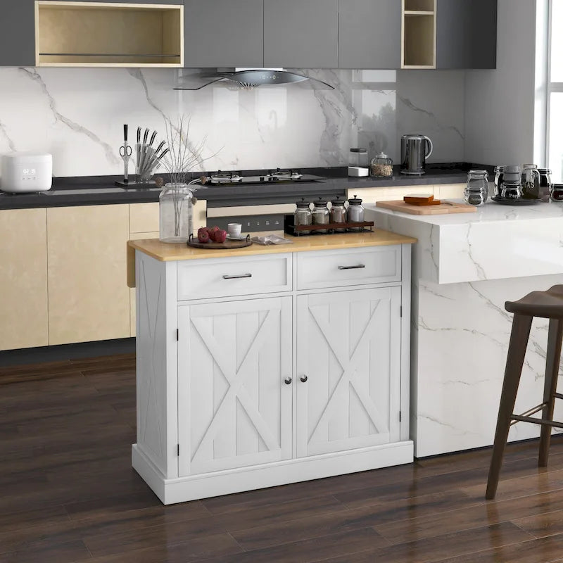 Îlot de cuisine roulant avec bar de petit-déjeuner en bois à abattant, desserte de cuisine style ferme avec 2 tiroirs, blanc