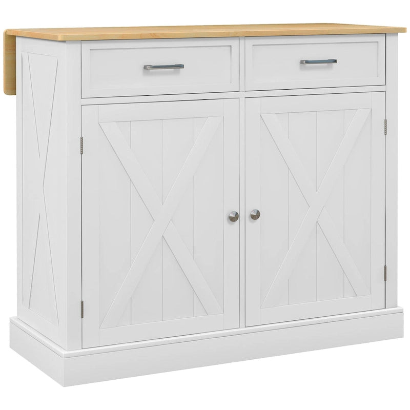 Îlot de cuisine roulant avec bar de petit-déjeuner en bois à abattant, desserte de cuisine style ferme avec 2 tiroirs, blanc