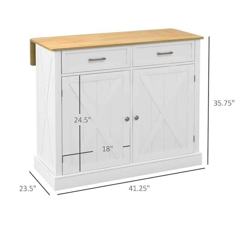 Îlot de cuisine roulant avec bar de petit-déjeuner en bois à abattant, desserte de cuisine style ferme avec 2 tiroirs, blanc