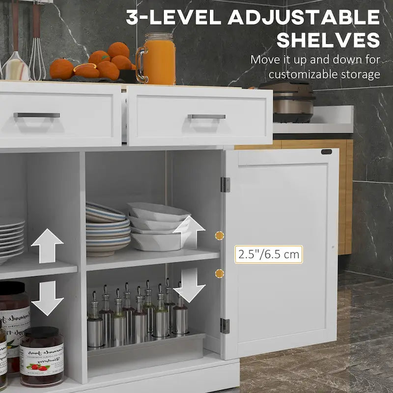 Îlot de cuisine roulant avec bar de petit-déjeuner en bois à abattant, desserte de cuisine style ferme avec 2 tiroirs, blanc