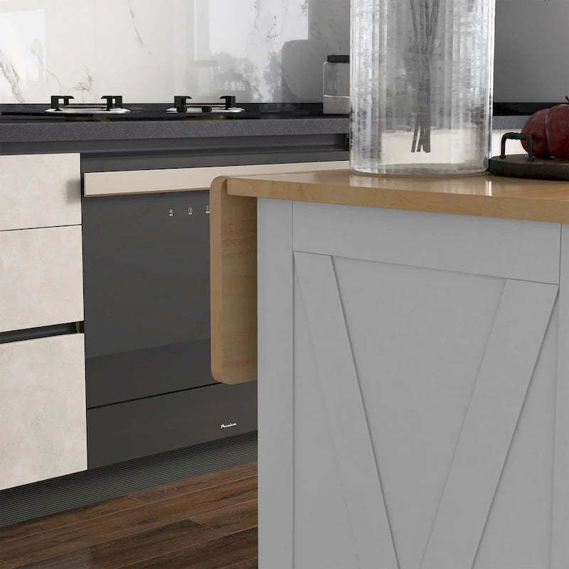 Îlot de cuisine roulant avec bar de petit-déjeuner en bois à abattant, desserte de cuisine style ferme avec 2 tiroirs, blanc