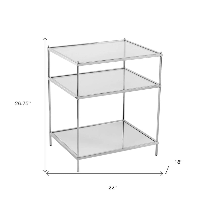 Table d'appoint en verre miroir argenté et fer de 27 po avec tablette - 22x18x26.75