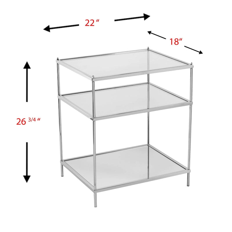 Table d'appoint en verre miroir argenté et fer de 27 po avec tablette - 22x18x26.75