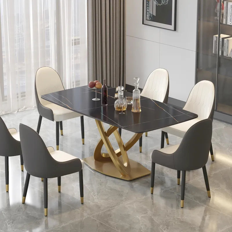 Table à manger moderne avec plateau rectangulaire en pierre frittée et piètement doré