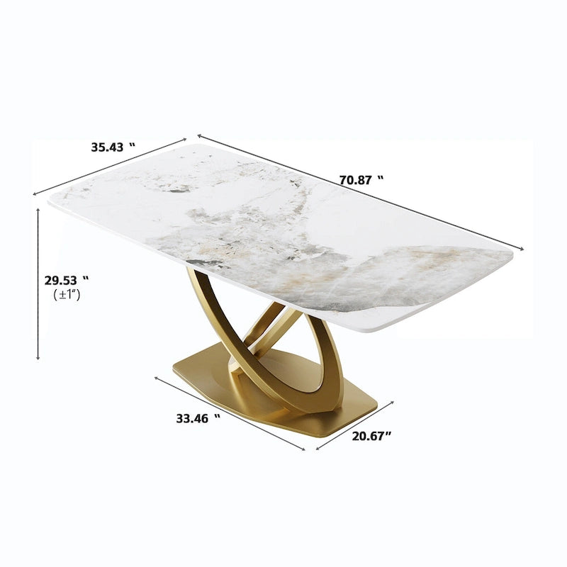 Table à manger moderne avec plateau rectangulaire en pierre frittée et piètement doré
