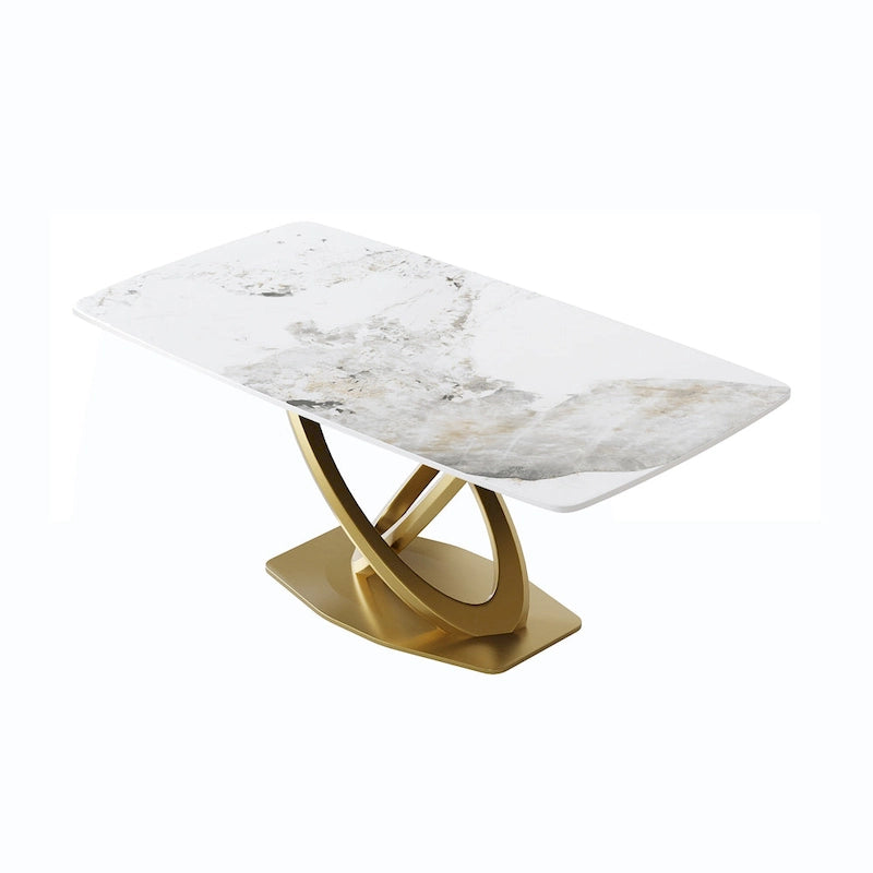 Table à manger moderne avec plateau rectangulaire en pierre frittée et piètement doré