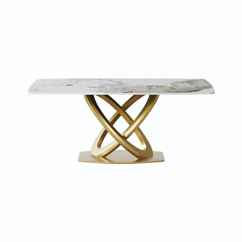 Table à manger moderne avec plateau rectangulaire en pierre frittée et piètement doré