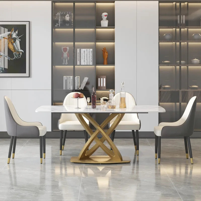 Table à manger moderne avec plateau rectangulaire en pierre frittée et piètement doré