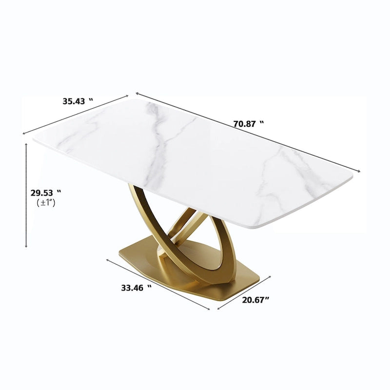 Table à manger moderne avec plateau rectangulaire en pierre frittée et piètement doré