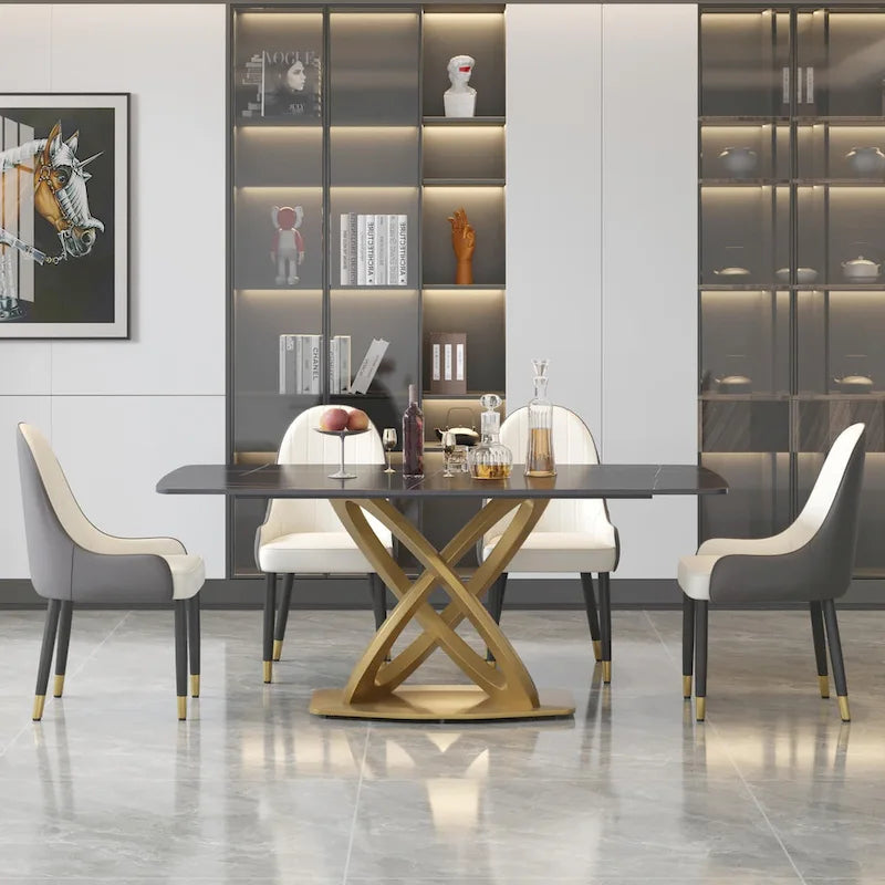 Table à manger moderne avec plateau rectangulaire en pierre frittée et piètement doré