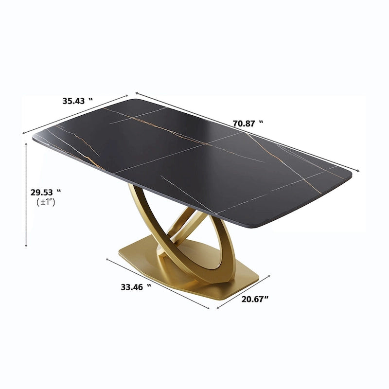 Table à manger moderne avec plateau rectangulaire en pierre frittée et piètement doré
