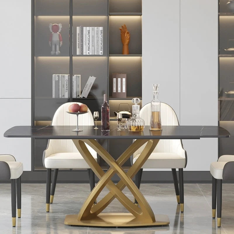 Table à manger moderne avec plateau rectangulaire en pierre frittée et piètement doré