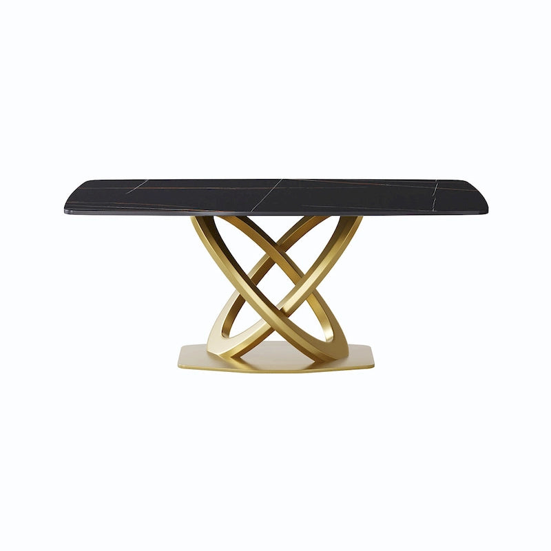 Table à manger moderne avec plateau rectangulaire en pierre frittée et piètement doré