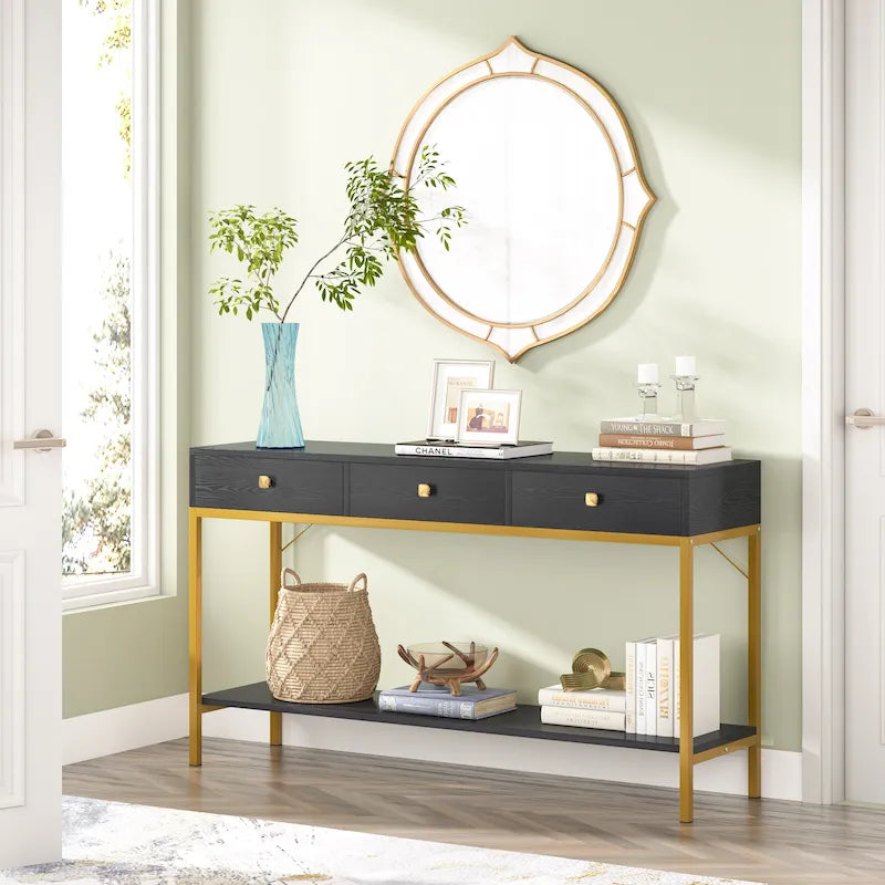 54.33 Table console avec 3 tiroirs, Table d'entrée noire avec étagères de rangement