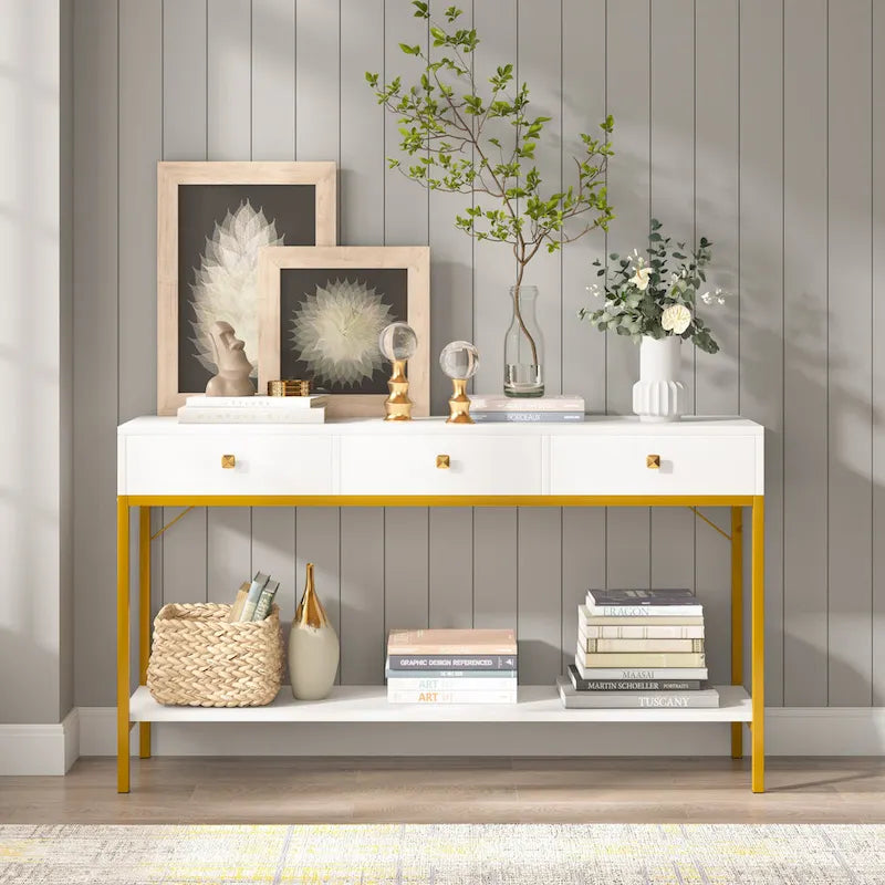 54.33 Table console avec 3 tiroirs, Table d'entrée noire avec étagères de rangement