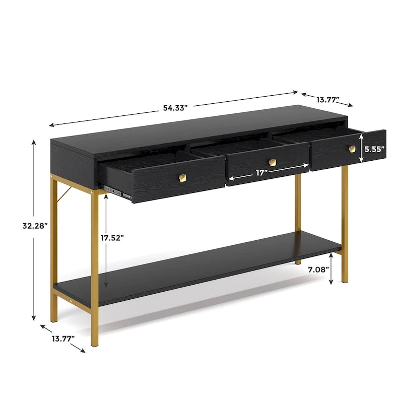 54.33 Table console avec 3 tiroirs, Table d'entrée noire avec étagères de rangement