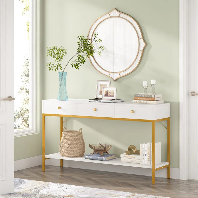 54.33 Table console avec 3 tiroirs, Table d'entrée noire avec étagères de rangement