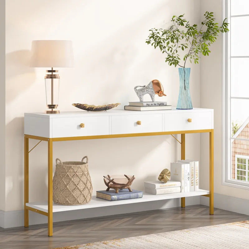 54.33 Table console avec 3 tiroirs, Table d'entrée noire avec étagères de rangement