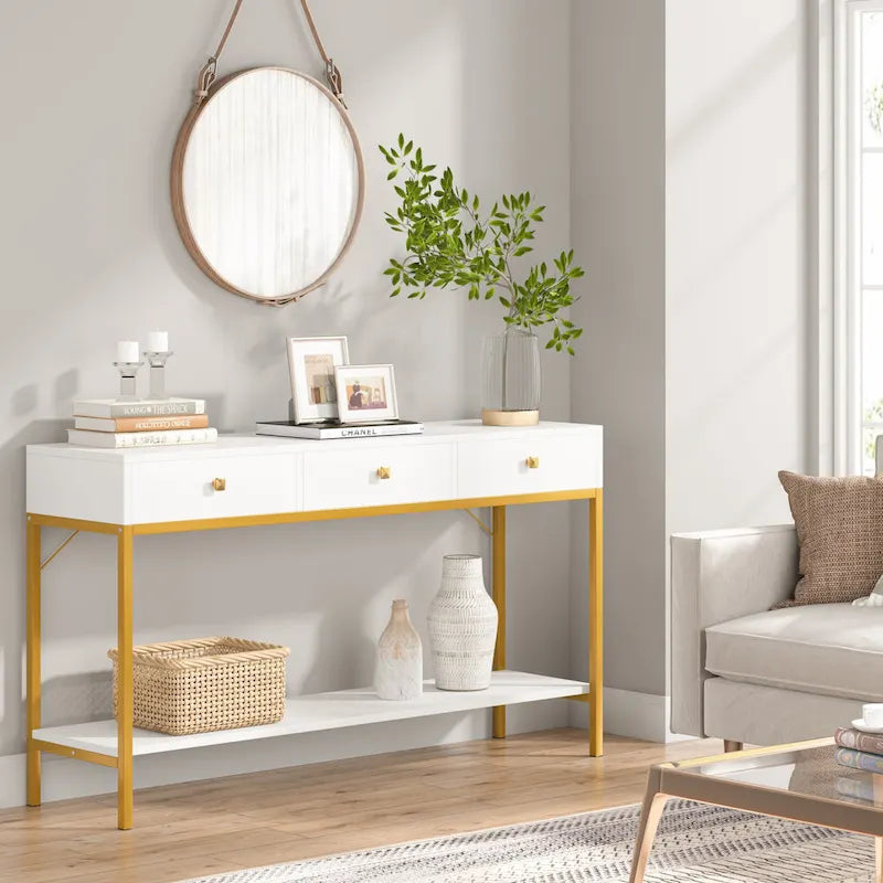 54.33 Table console avec 3 tiroirs, Table d'entrée noire avec étagères de rangement