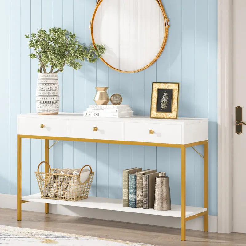54.33 Table console avec 3 tiroirs, Table d'entrée noire avec étagères de rangement